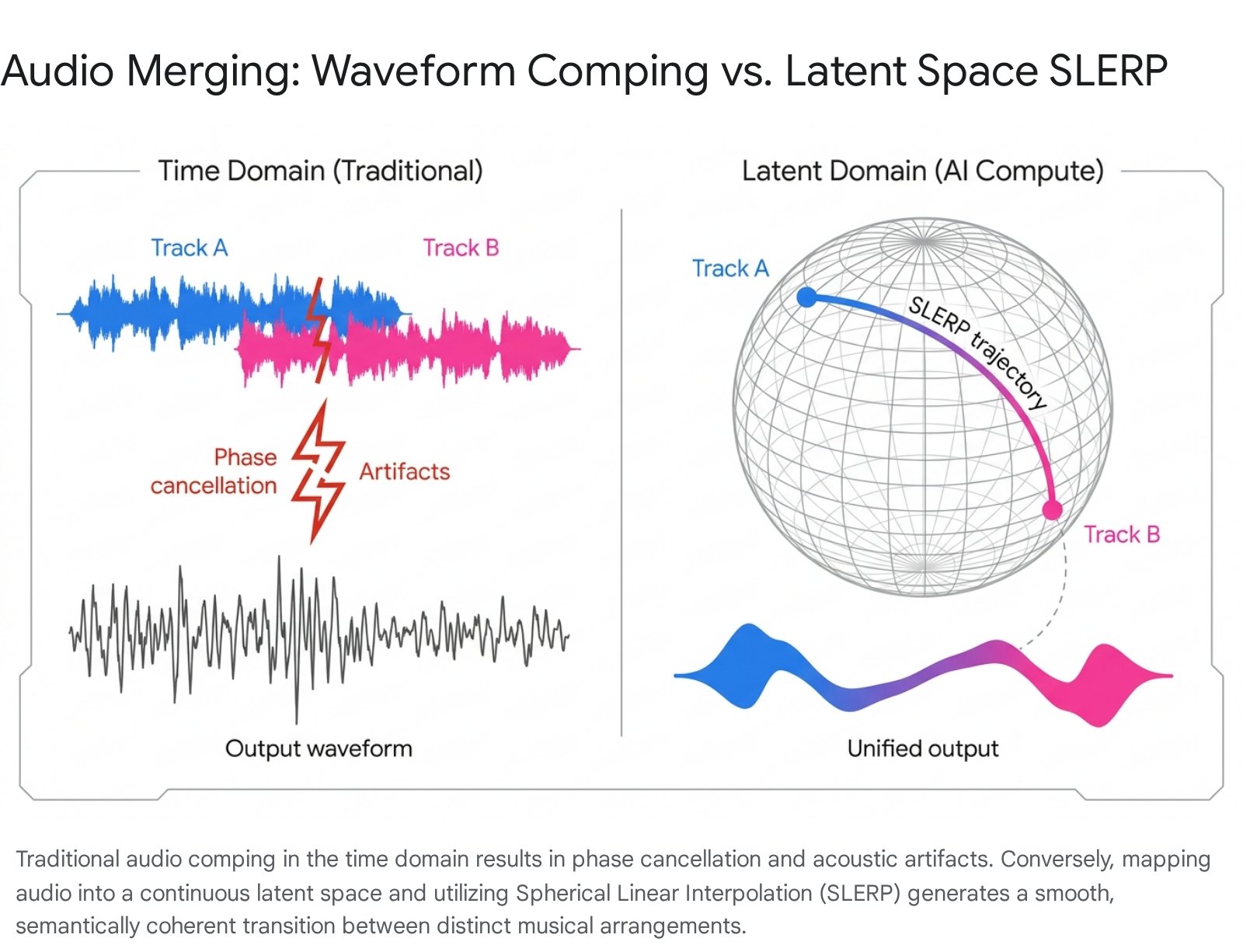 Audio Merging comparison: Time Domain waveform comping showing phase cancellation and artifacts versus Latent Domain SLERP showing smooth trajectory across manifold sphere and unified output waveform